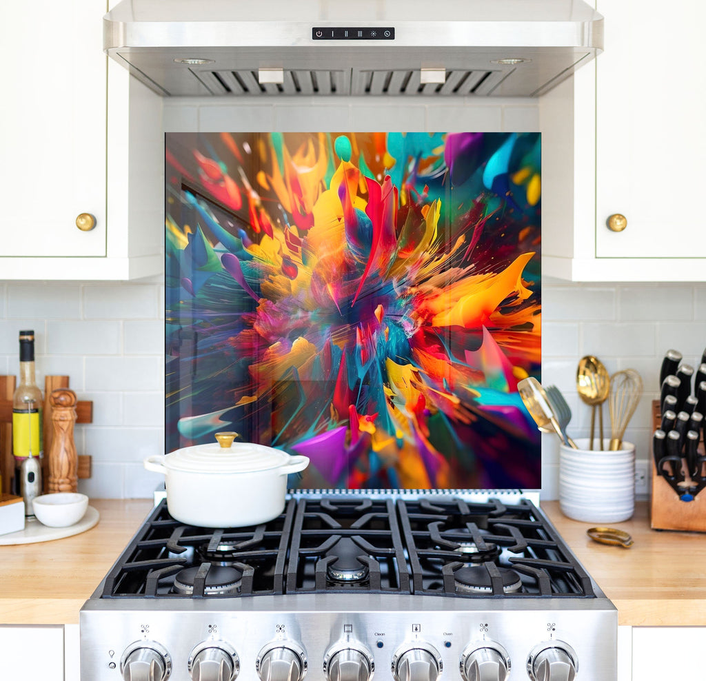 a colorful painting on the wall of a kitchen