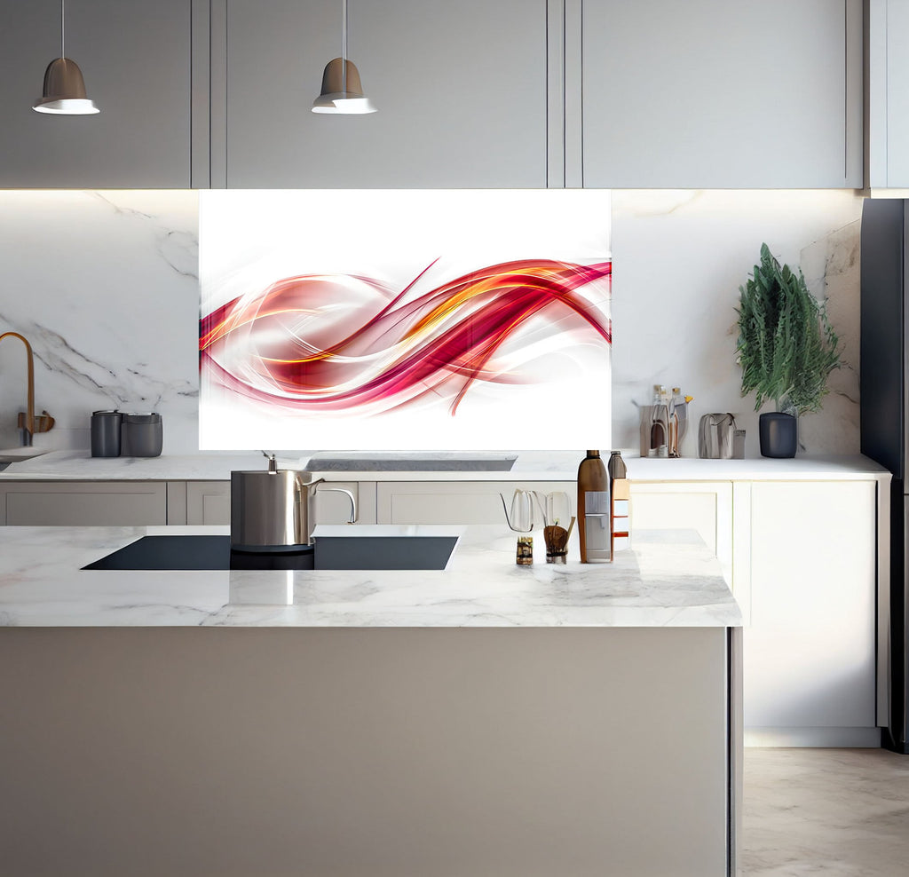 a kitchen with a marble counter top and a painting on the wall