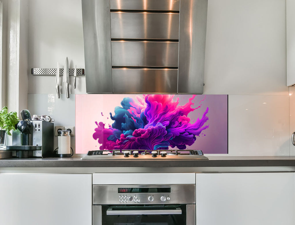 a kitchen with a stove top oven and a large painting on the wall