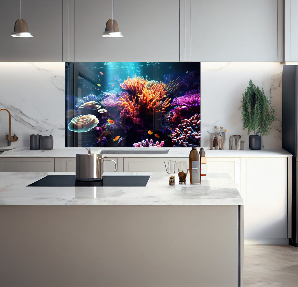 a kitchen with a large fish tank on the wall