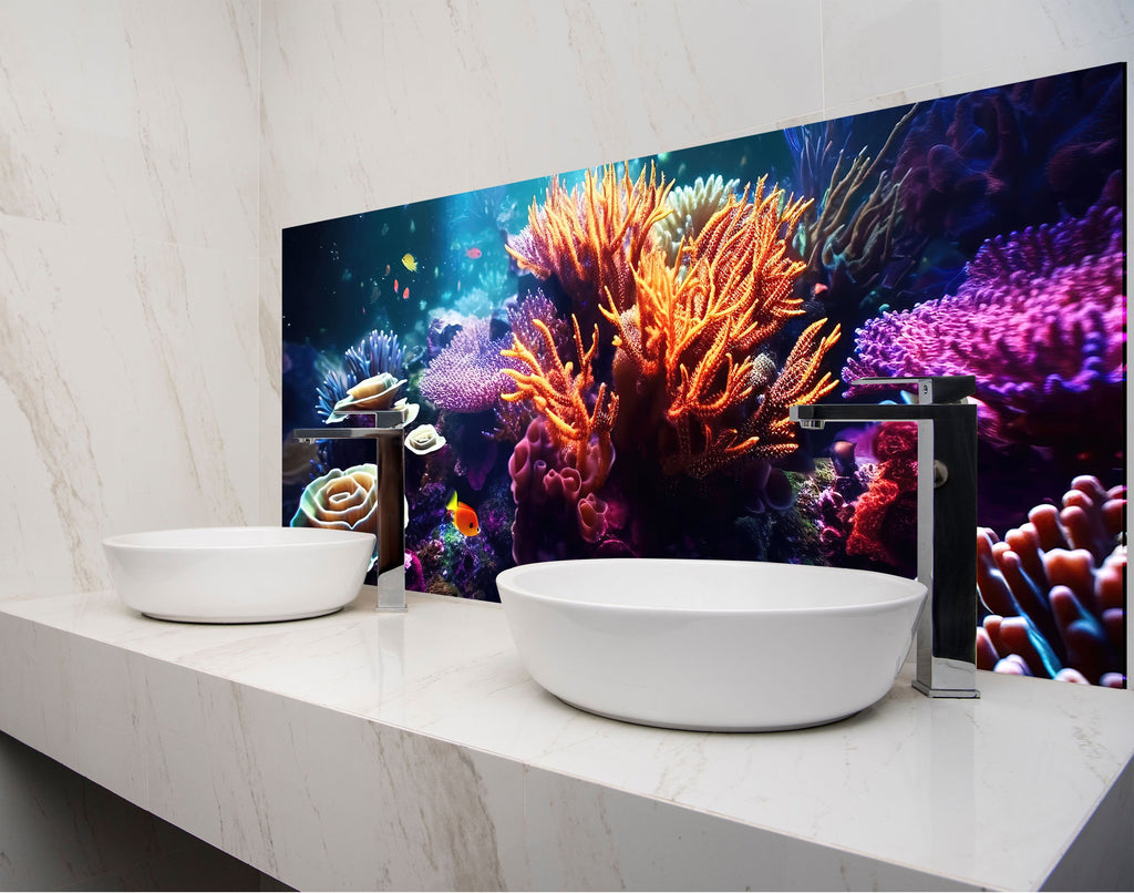 a bathroom with two sinks and a large wall mural