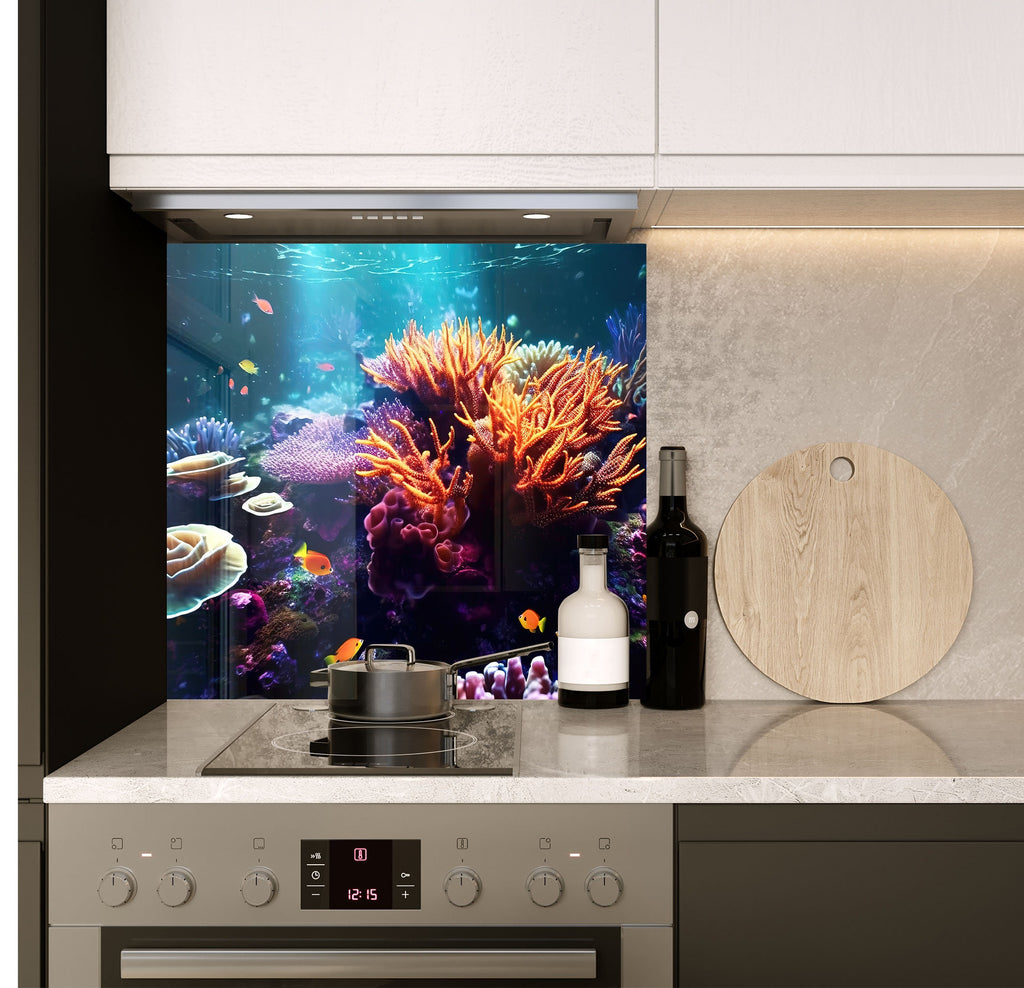 a kitchen with a fish tank and a cutting board