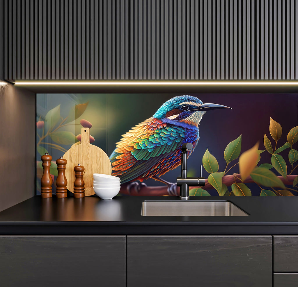 a colorful bird sitting on top of a kitchen counter