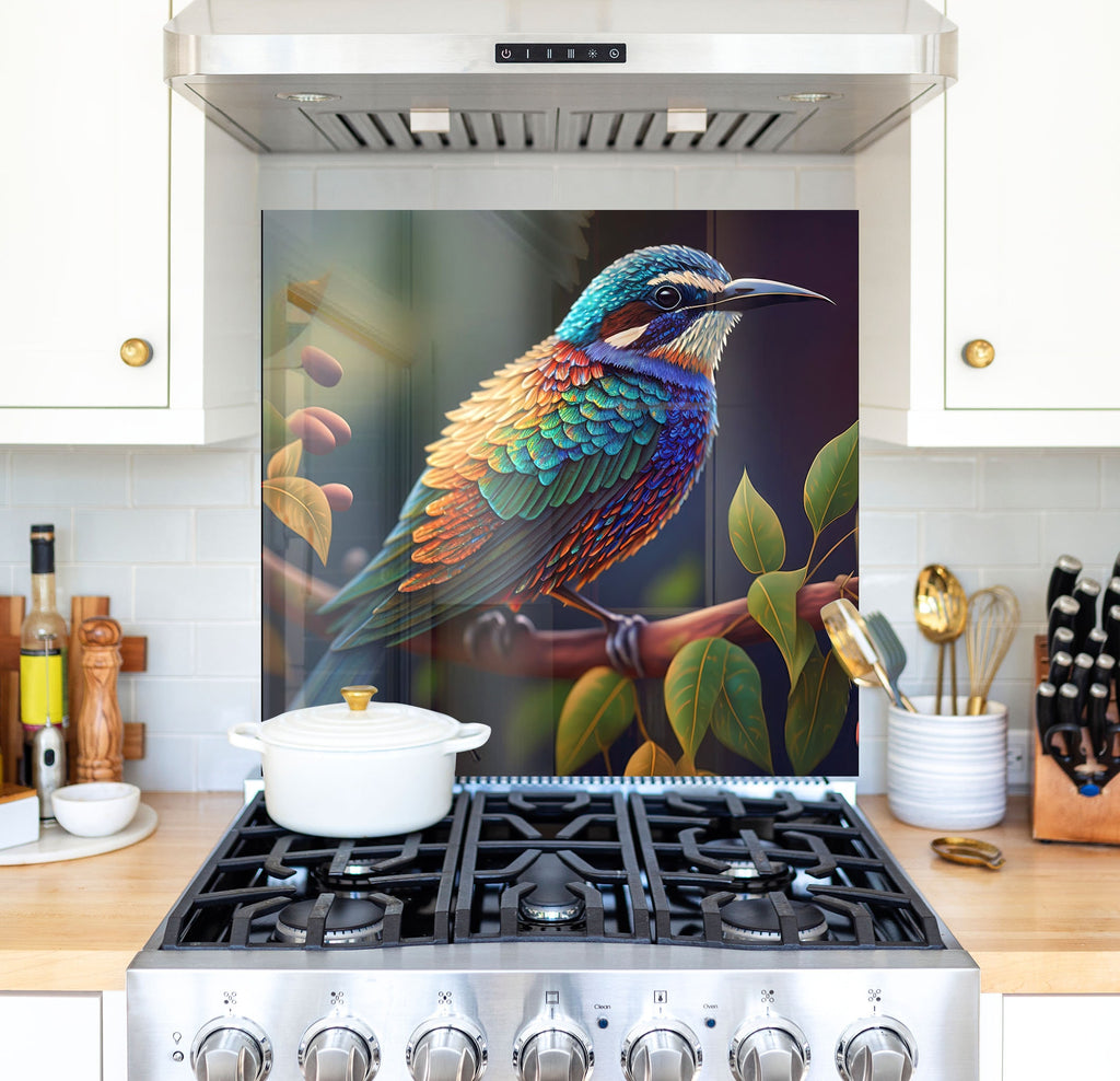 a painting of a colorful bird on a kitchen backsplash