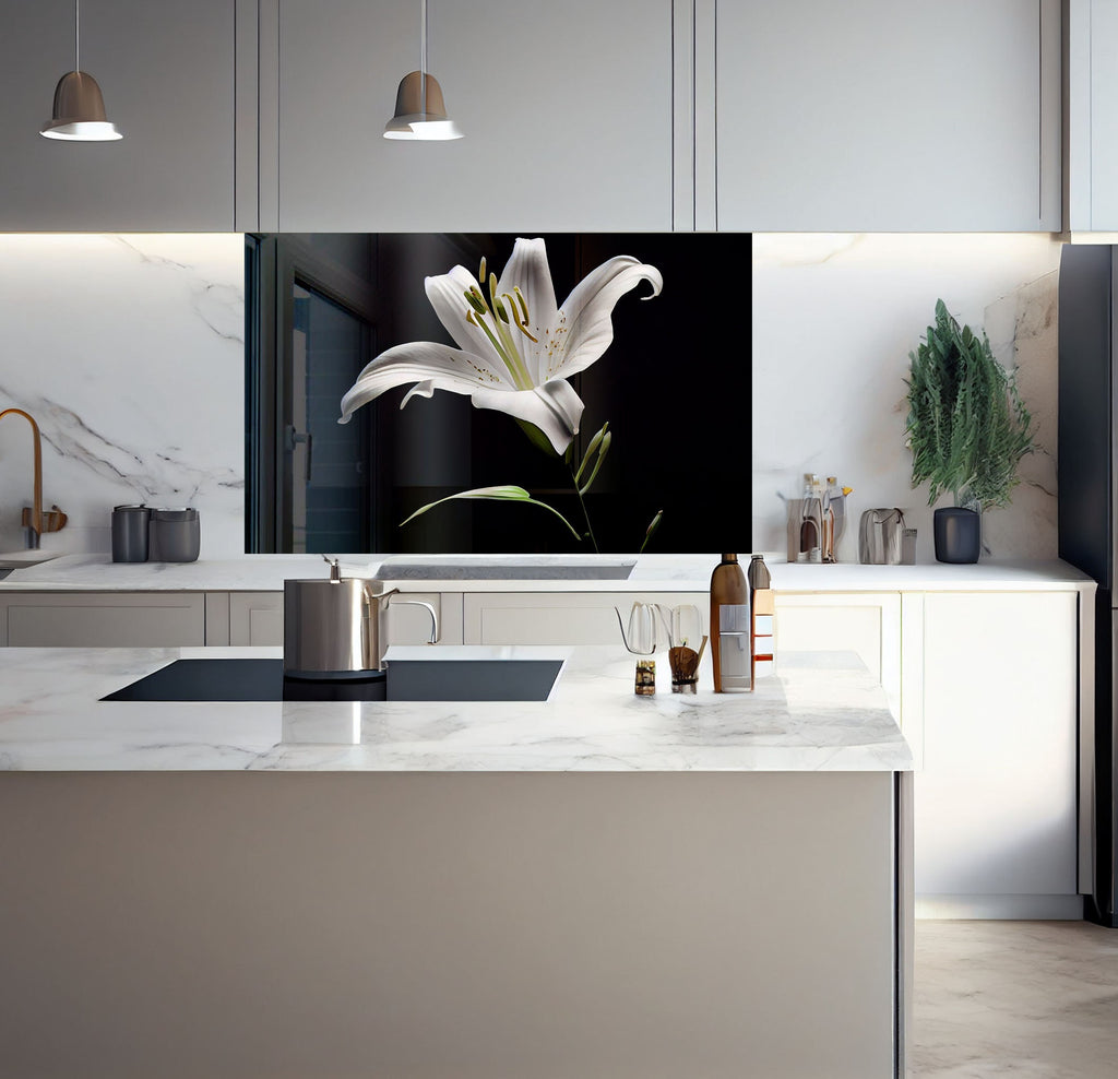 a kitchen with a marble counter top and white cabinets