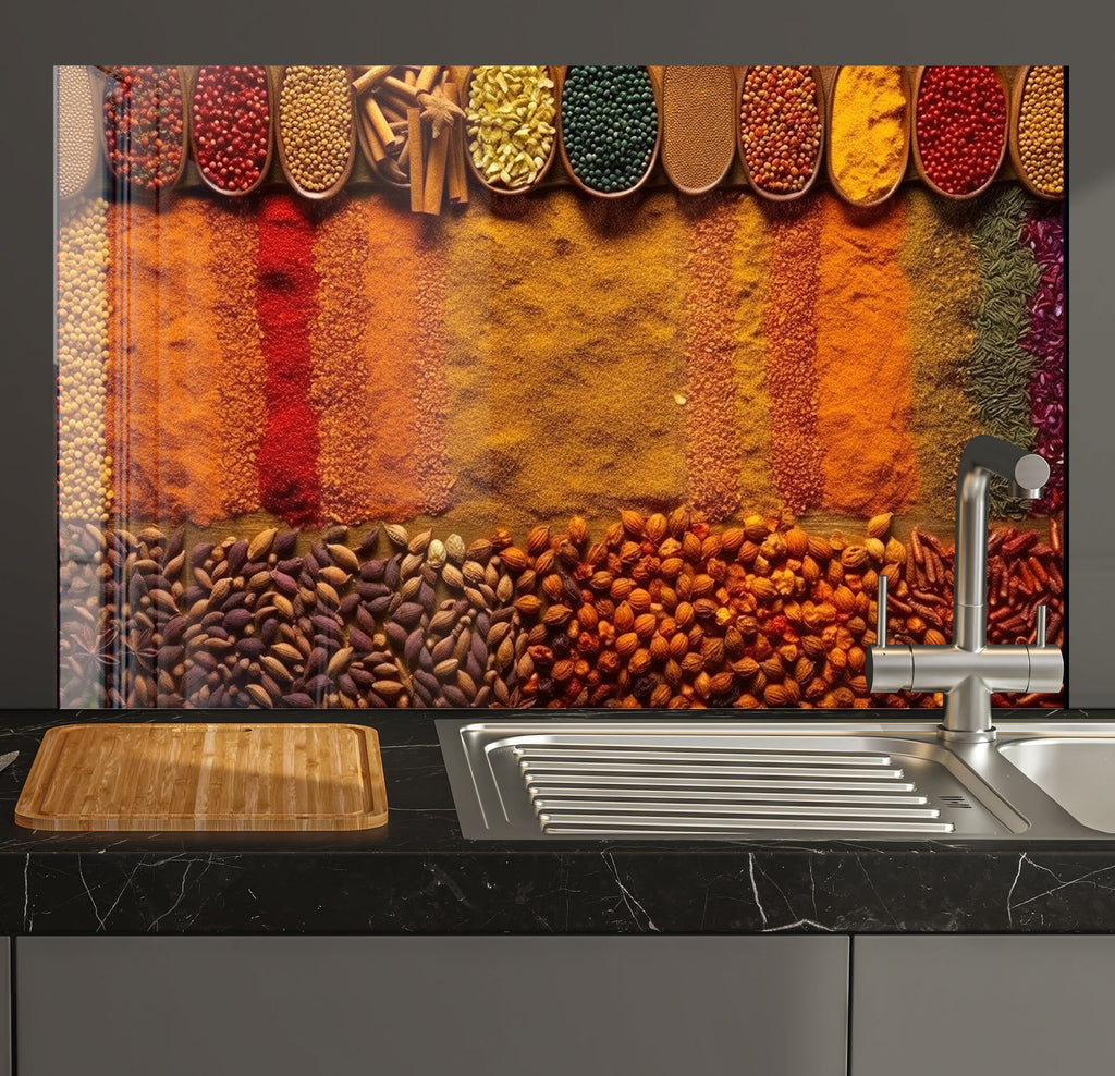 a kitchen counter with a sink and a painting on the wall