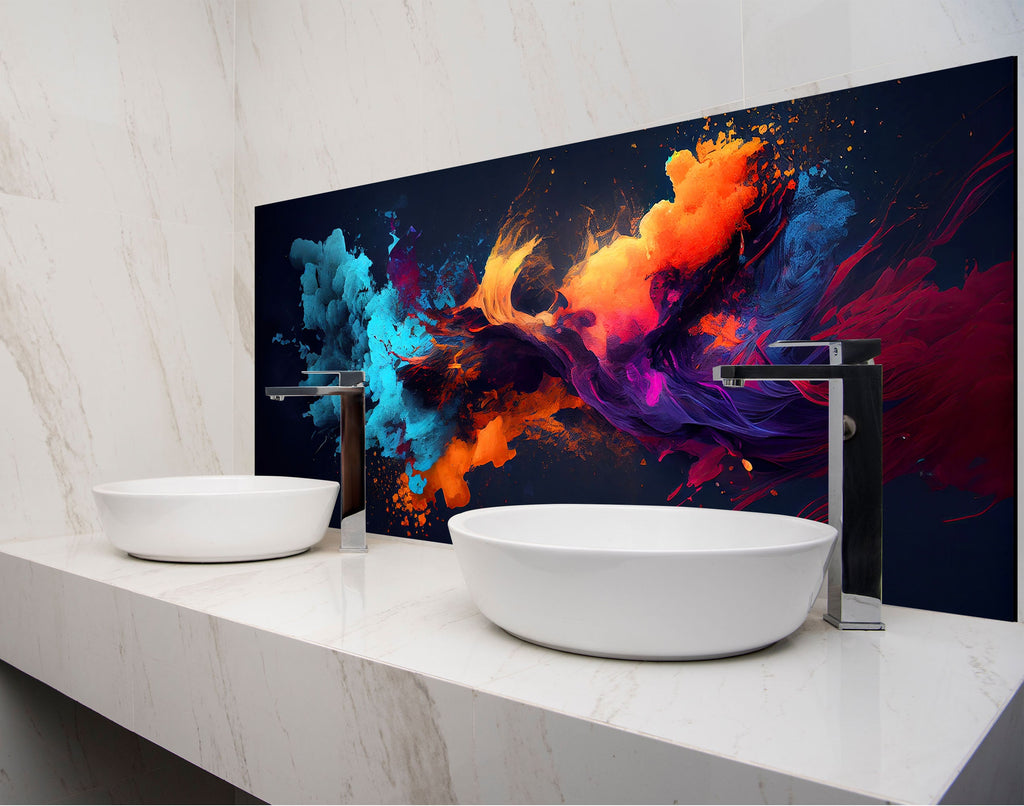 a bathroom with two sinks and a large painting on the wall