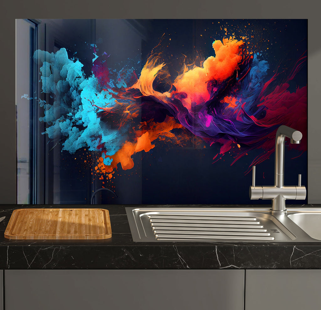 a kitchen counter with a sink and a painting on the wall