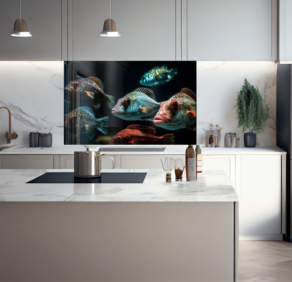 a kitchen with a marble counter top and a painting on the wall