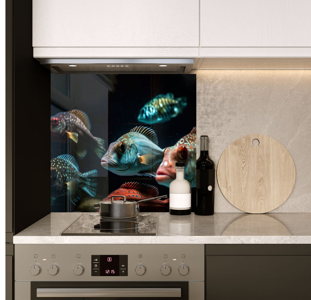 a kitchen with a stove top oven next to a cutting board