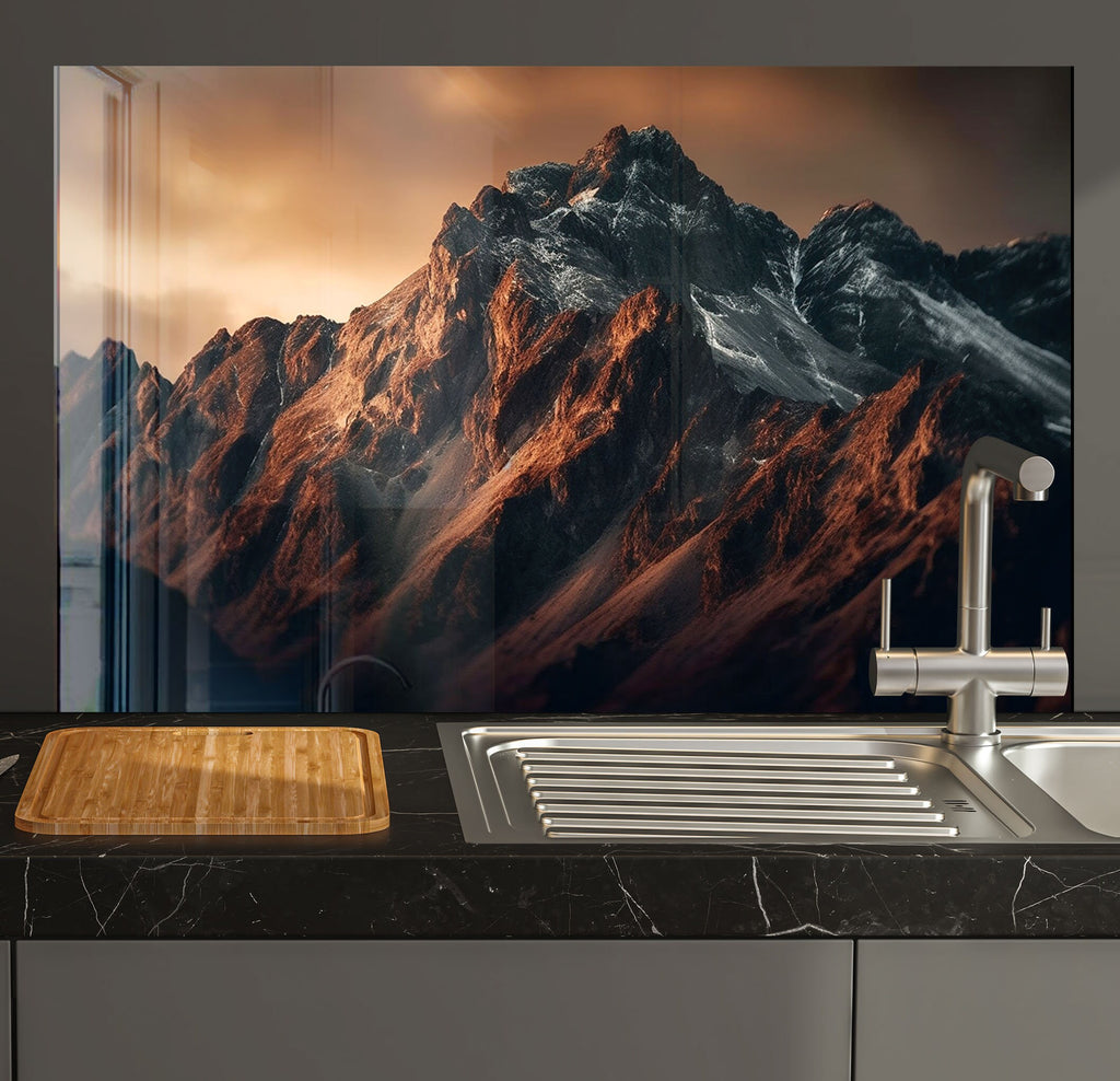 a kitchen counter with a sink and a wooden cutting board