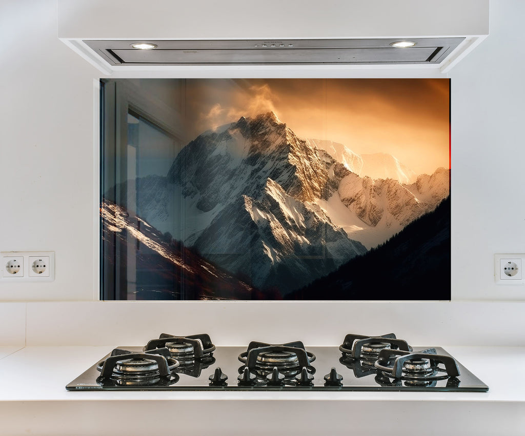 a picture of a mountain in the window of a kitchen