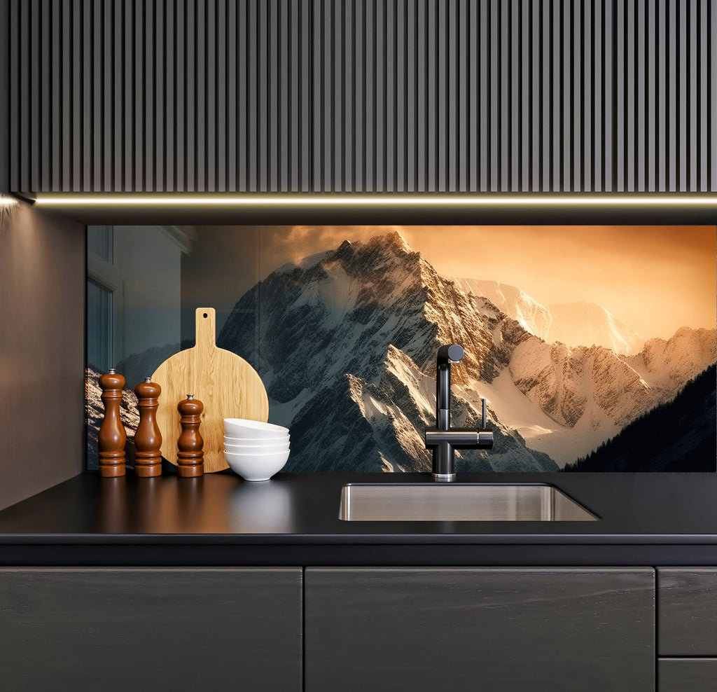 a kitchen with a sink and a painting on the wall