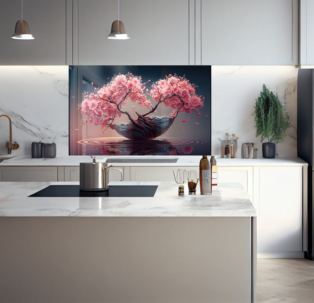 a kitchen with a large painting on the wall