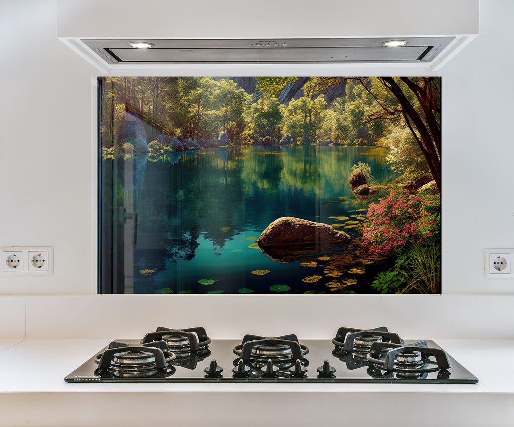 a painting of a lake is on the wall of a kitchen