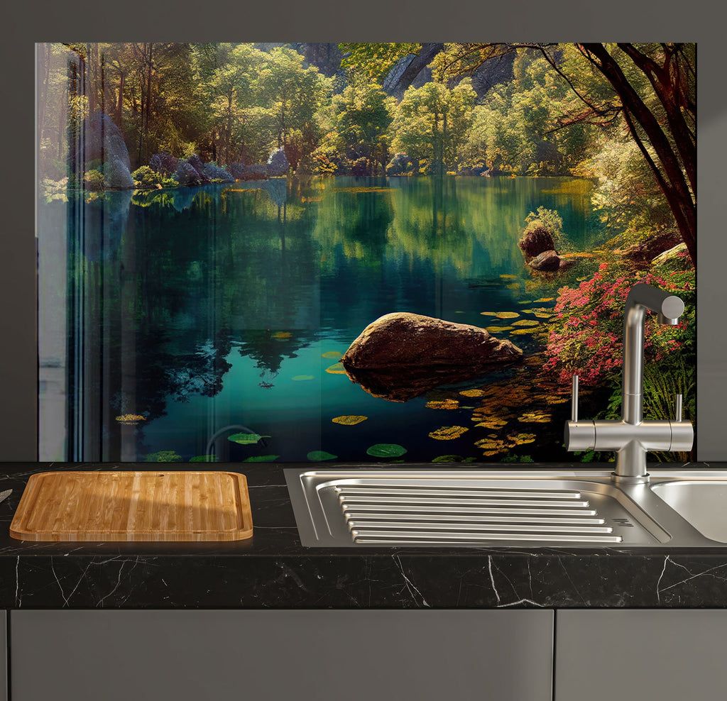 a kitchen with a sink and a painting on the wall