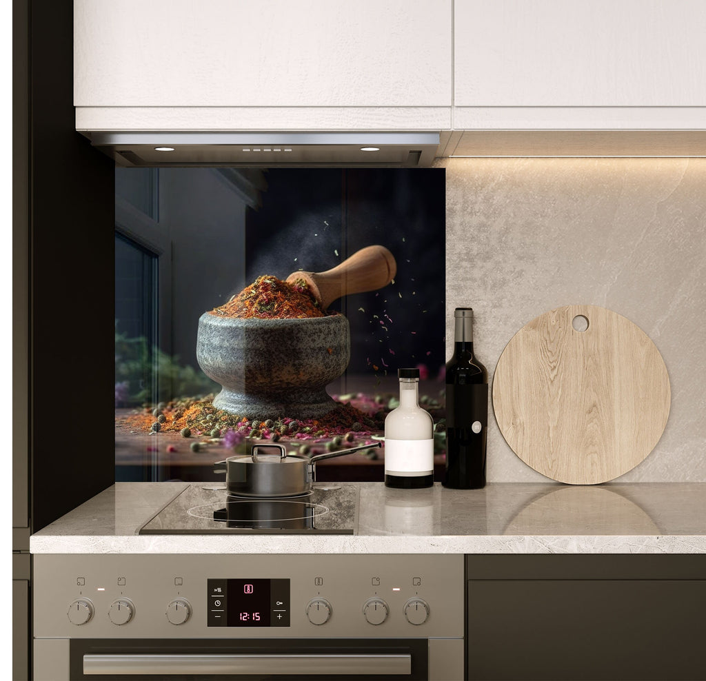 a kitchen with a stove and a bowl of food