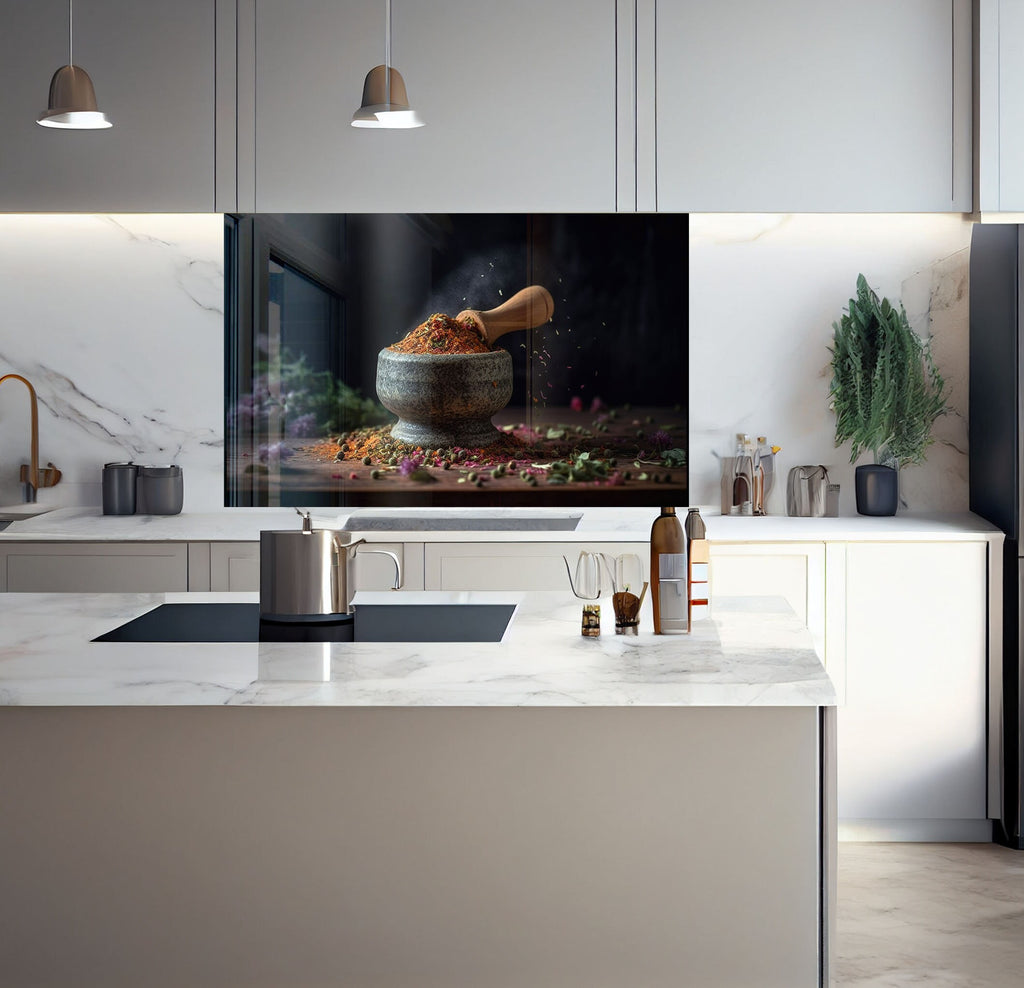 a kitchen with a marble counter top and a painting on the wall