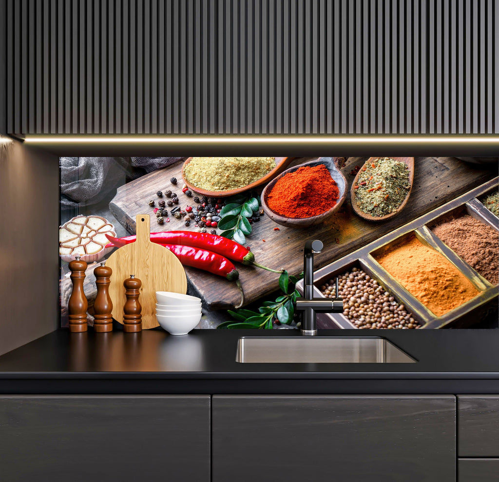 a kitchen counter with spices and spices on it