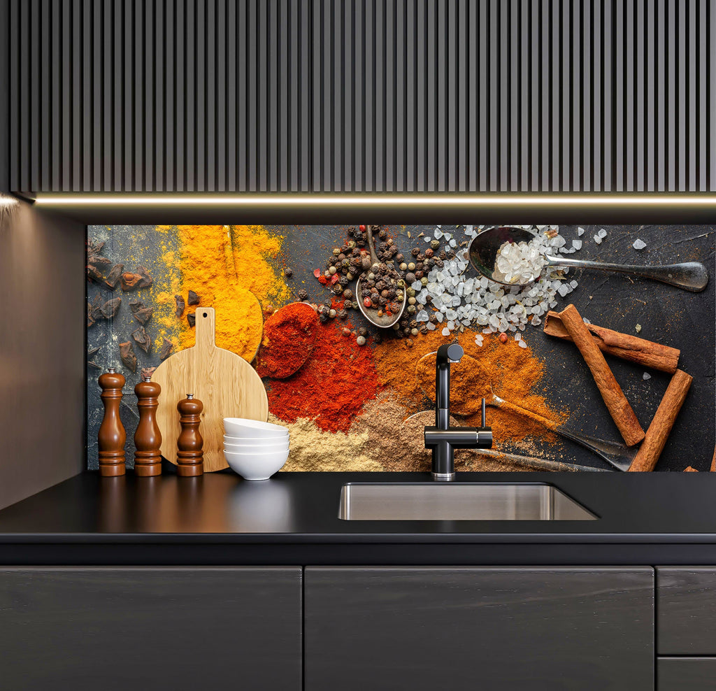 a kitchen counter with spices and spices on it