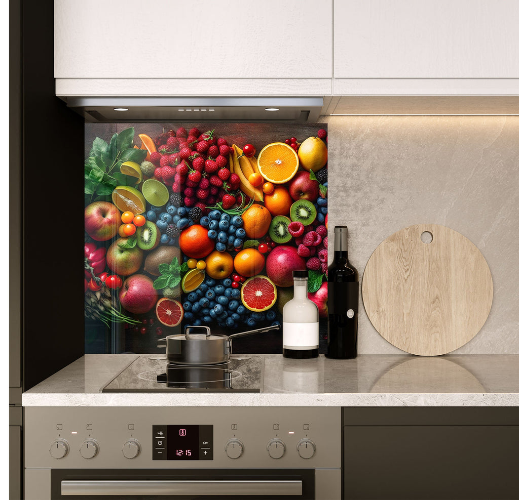 a kitchen with a painting of fruit on the wall