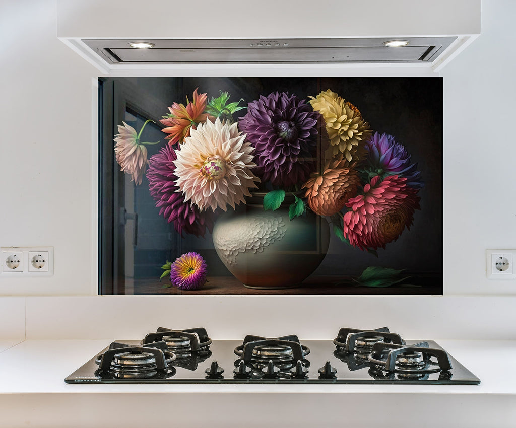 a painting of flowers in a vase on a stove