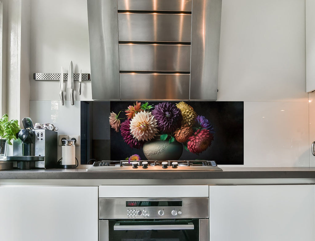 a picture of a vase of flowers on a wall above a stove