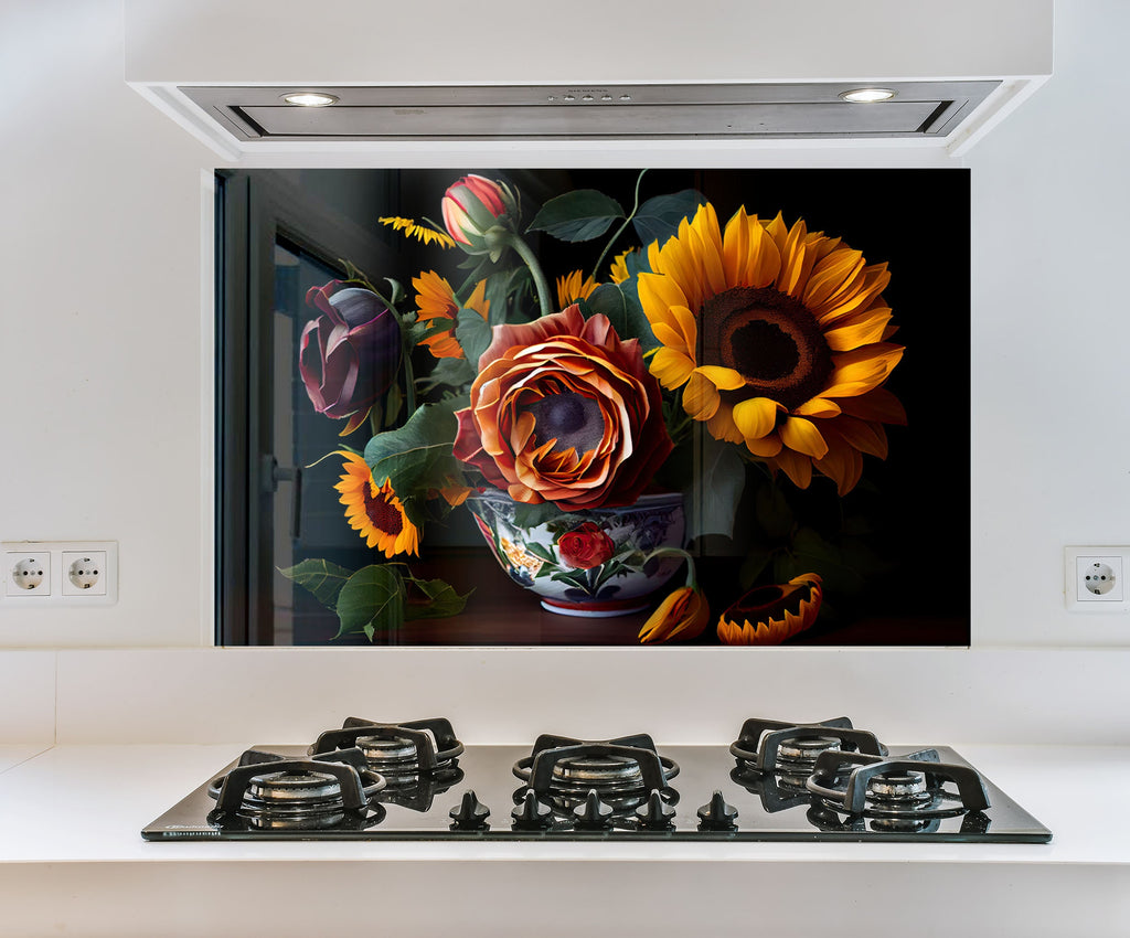 a painting of sunflowers in a vase on a stove