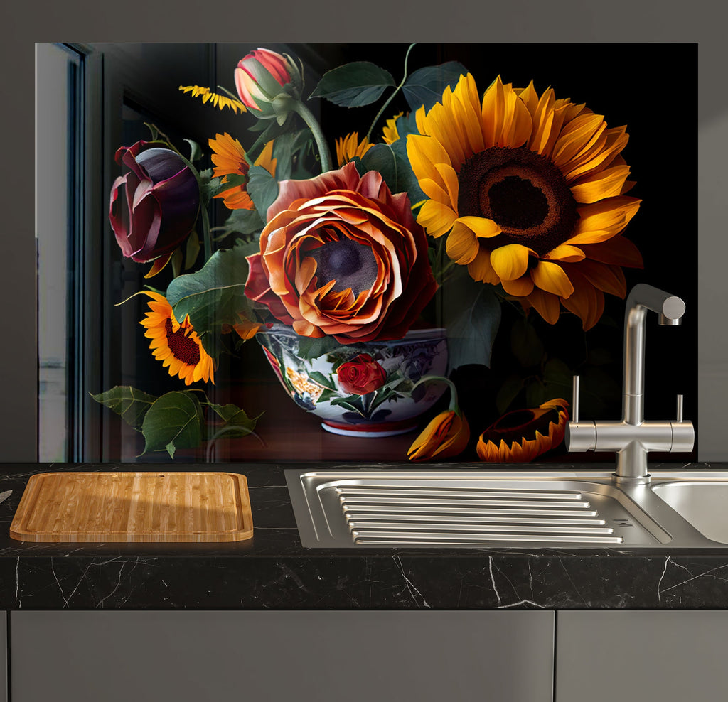 a painting of flowers in a vase on a kitchen counter