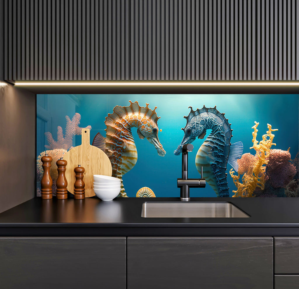 a kitchen with a sink and a sea horse on the wall