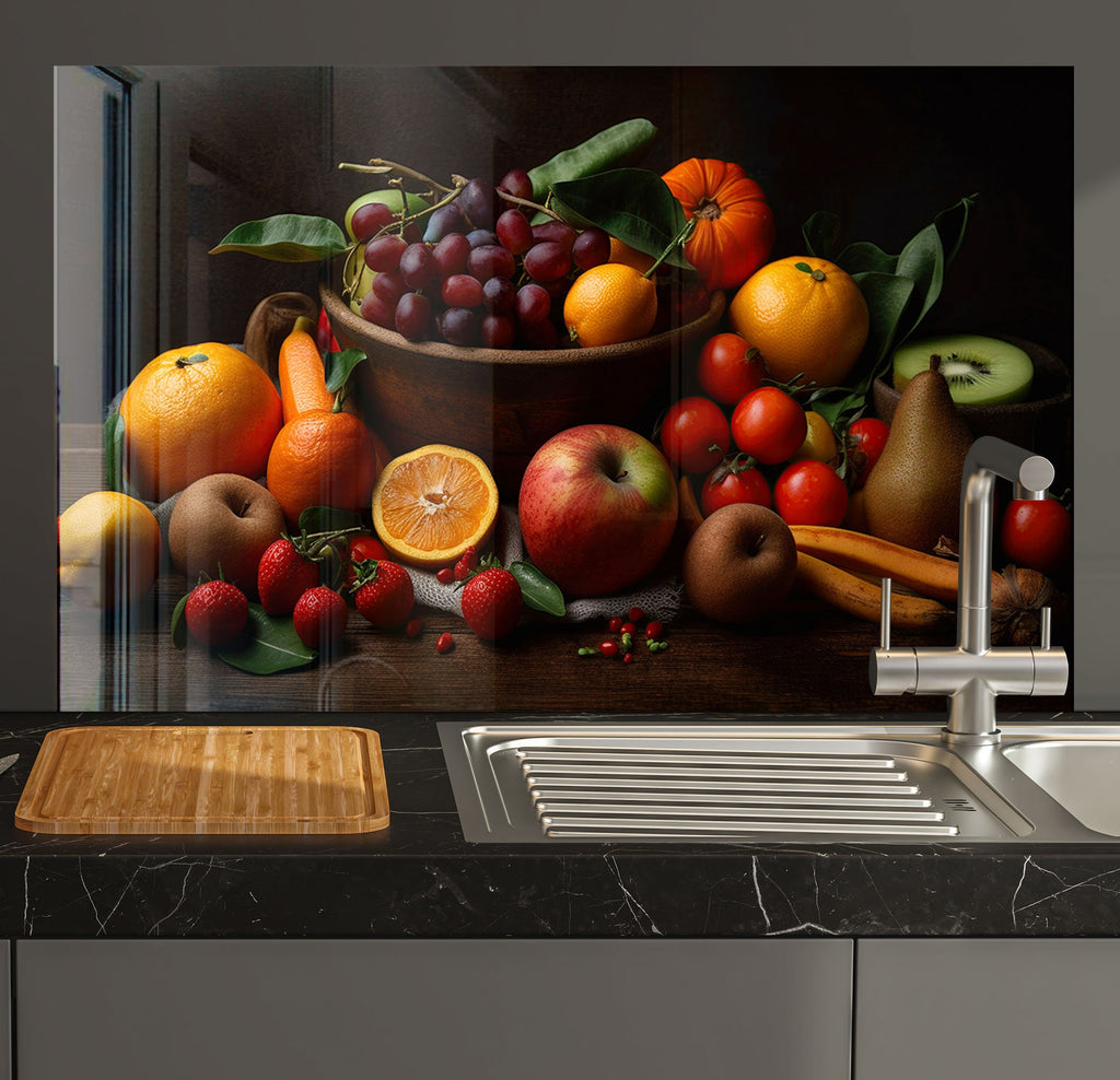 a painting of a bowl of fruit on a kitchen counter