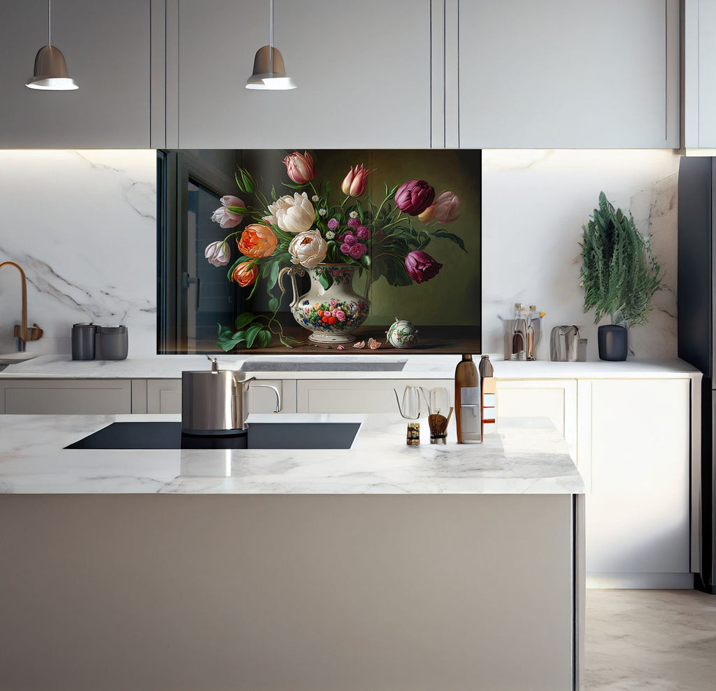 a vase of flowers on a table in a kitchen