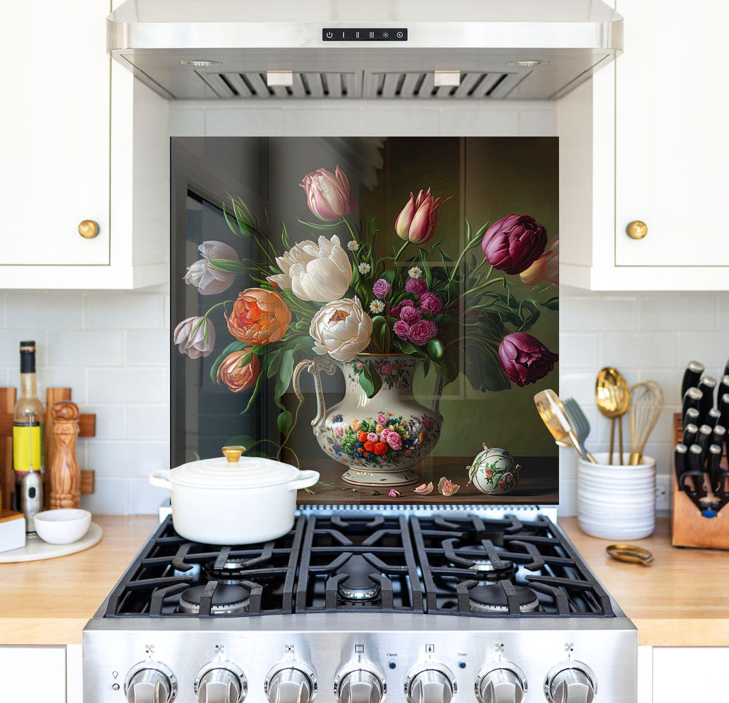 a painting of flowers in a vase on a stove