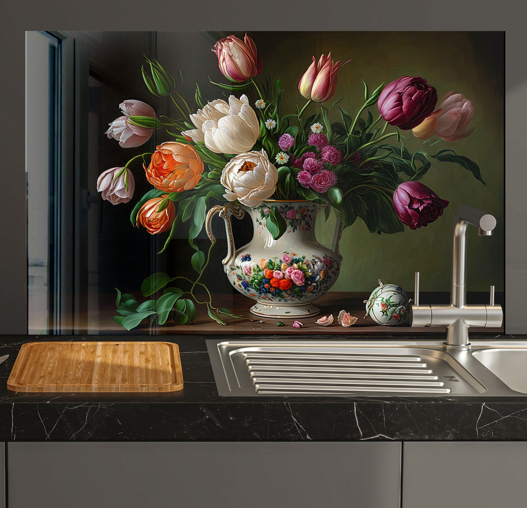 a painting of flowers in a vase on a kitchen counter