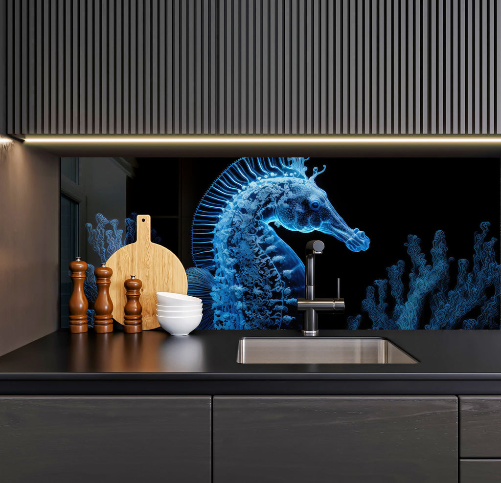 a picture of a blue sea horse in a kitchen