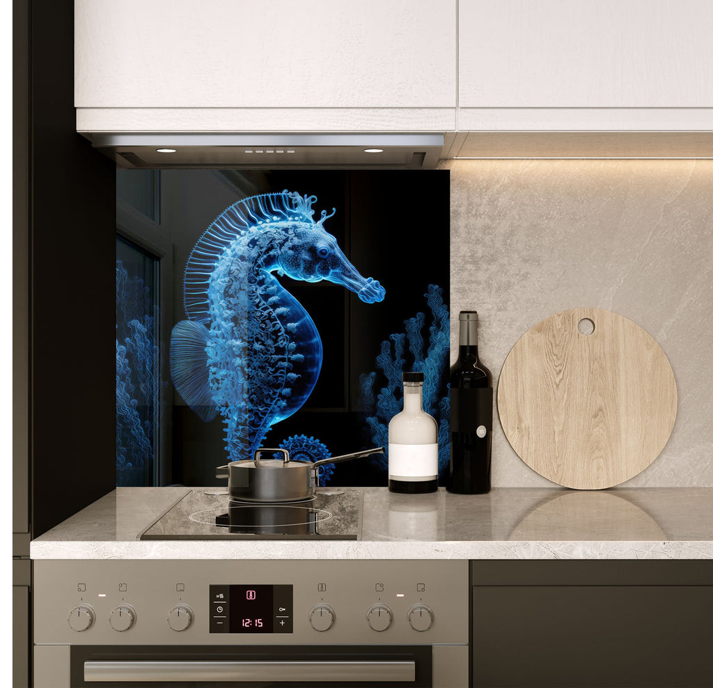 a kitchen with a blue sea horse on the wall