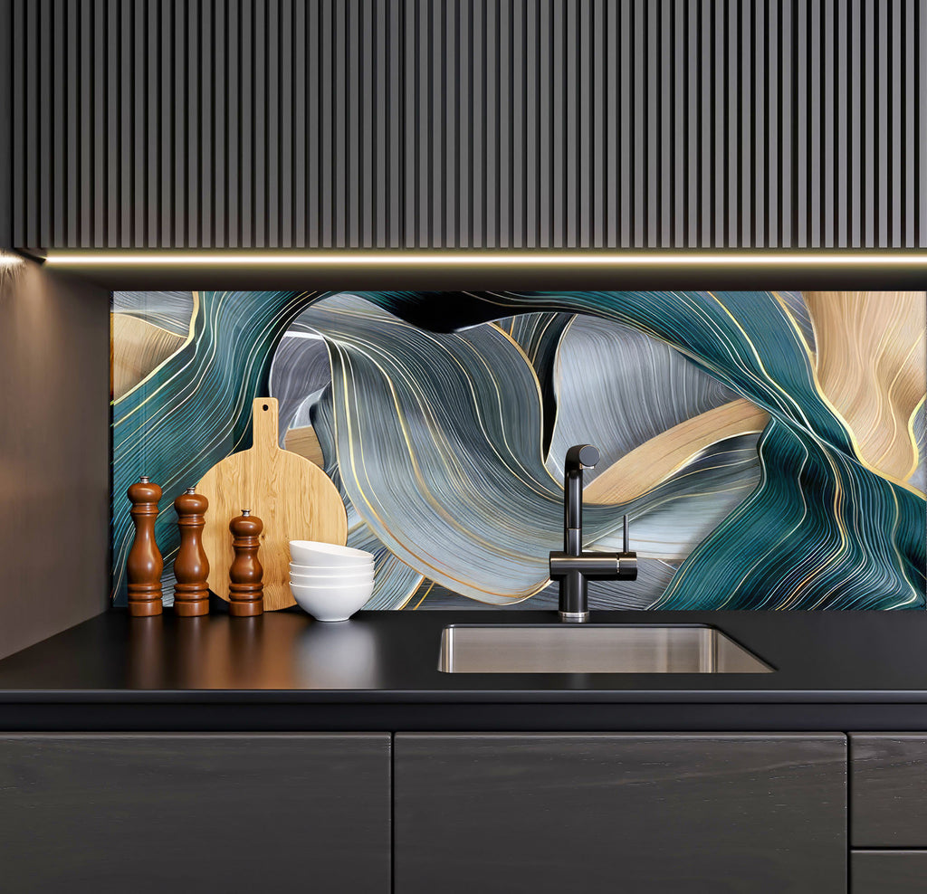 a kitchen with a black counter top and a painting on the wall