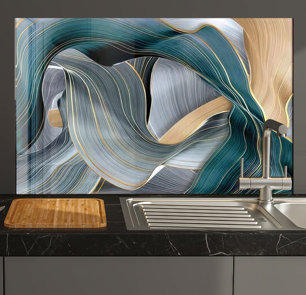 a kitchen with a sink and a painting on the wall