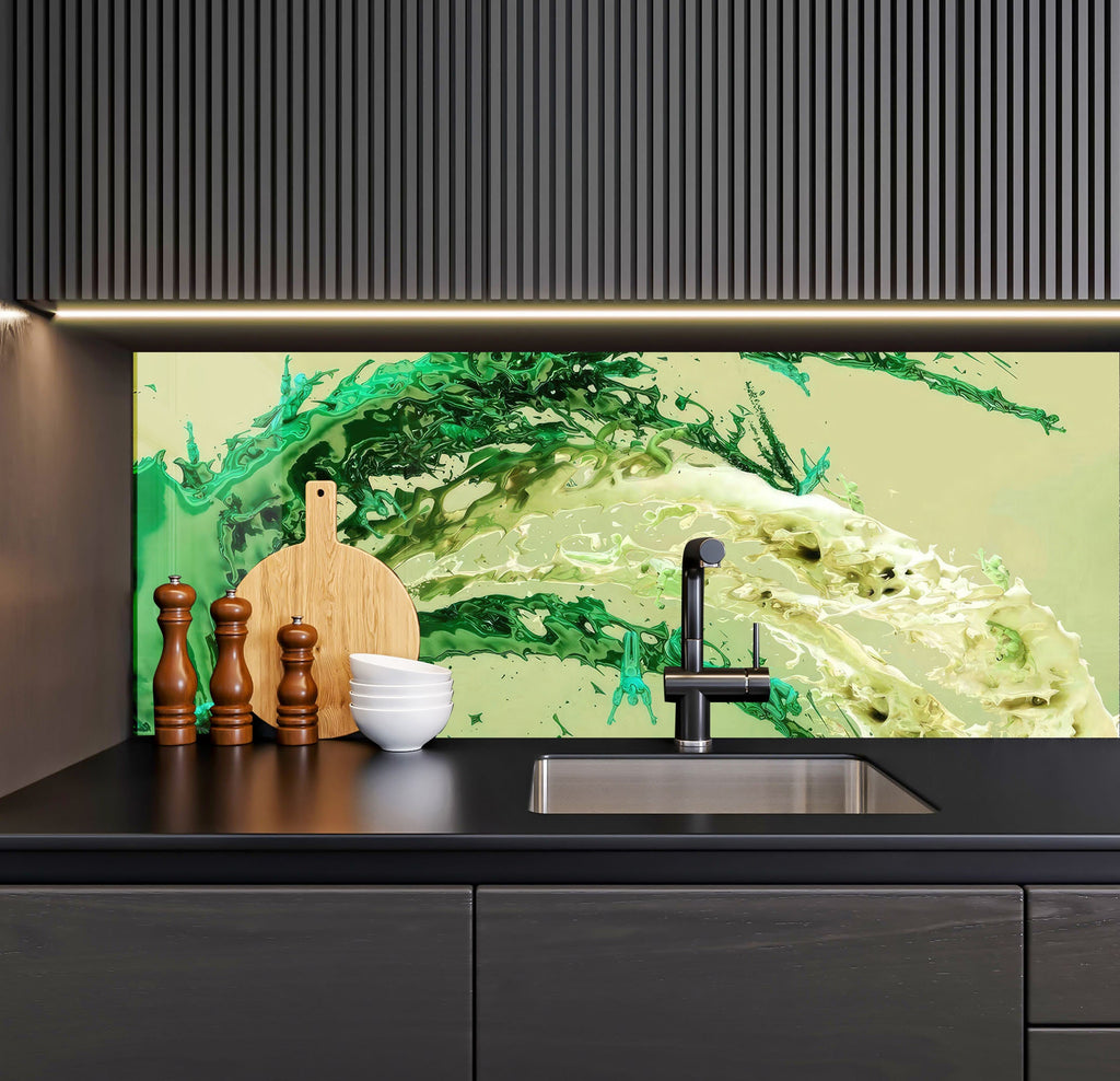 a kitchen with a sink and a painting on the wall