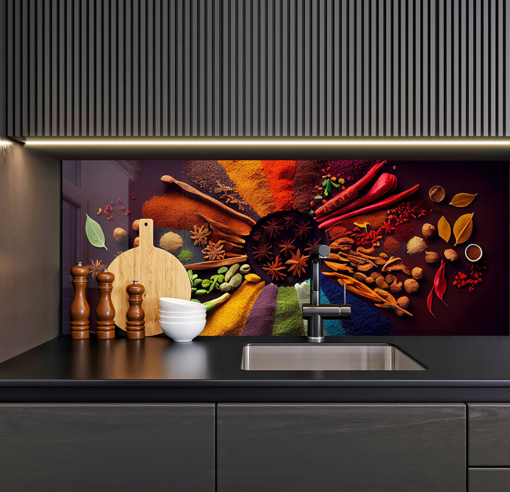 a kitchen with a painting on the wall behind the sink