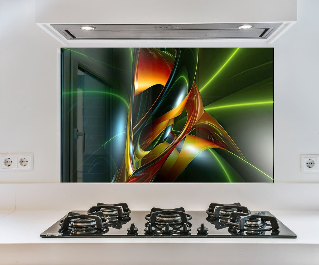 a picture of an abstract painting on a wall above a stove