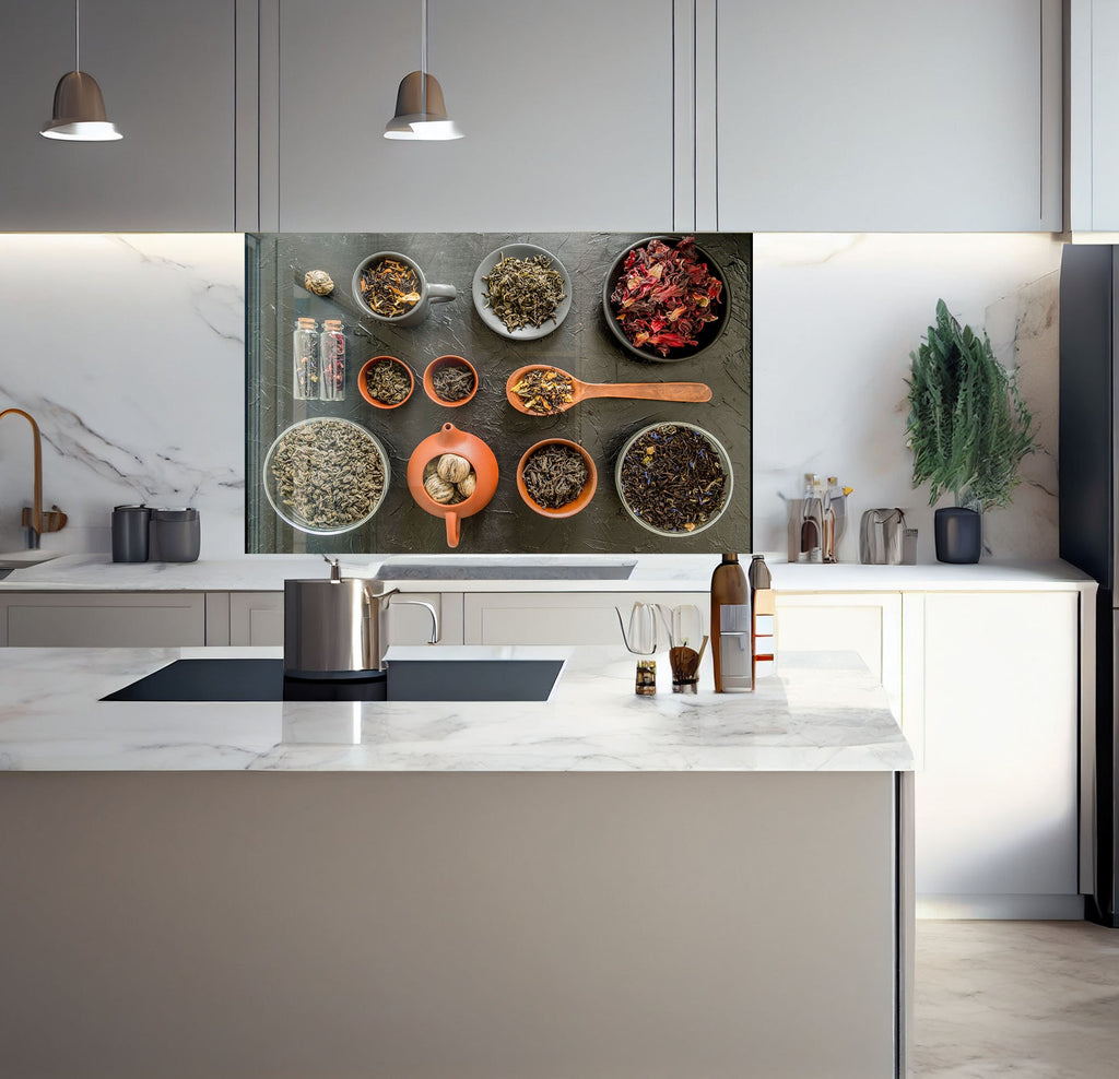 a kitchen with a marble counter top and white cabinets