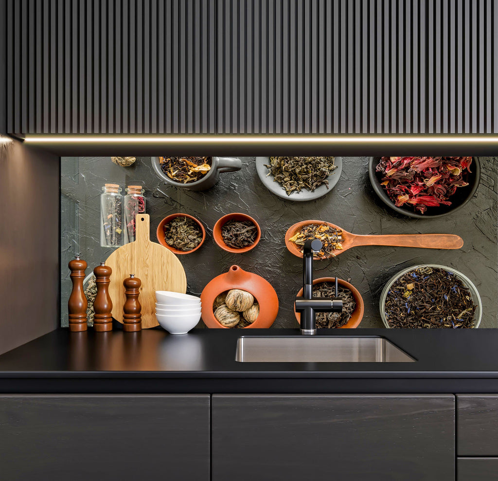 a kitchen counter with bowls of food on it