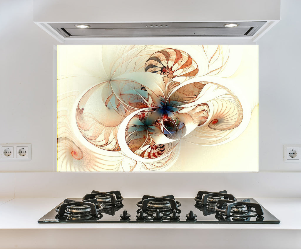 a picture of a flower on a wall above a stove