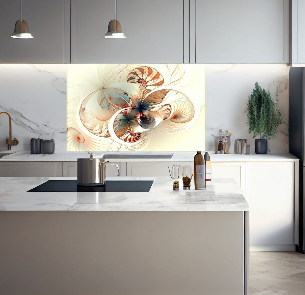 a kitchen with a large painting on the wall