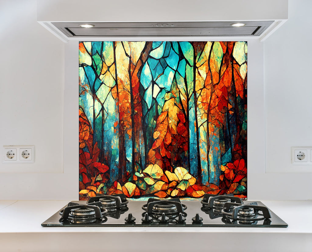 a painting of a forest is on the wall of a kitchen