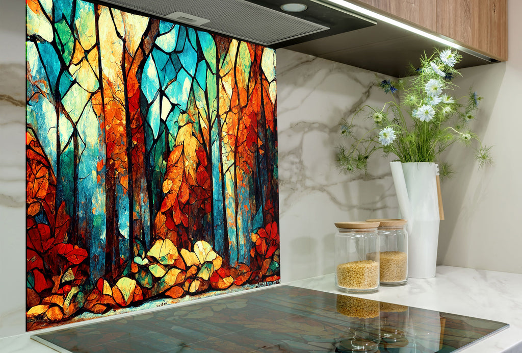 a painting of a forest is on the wall of a kitchen