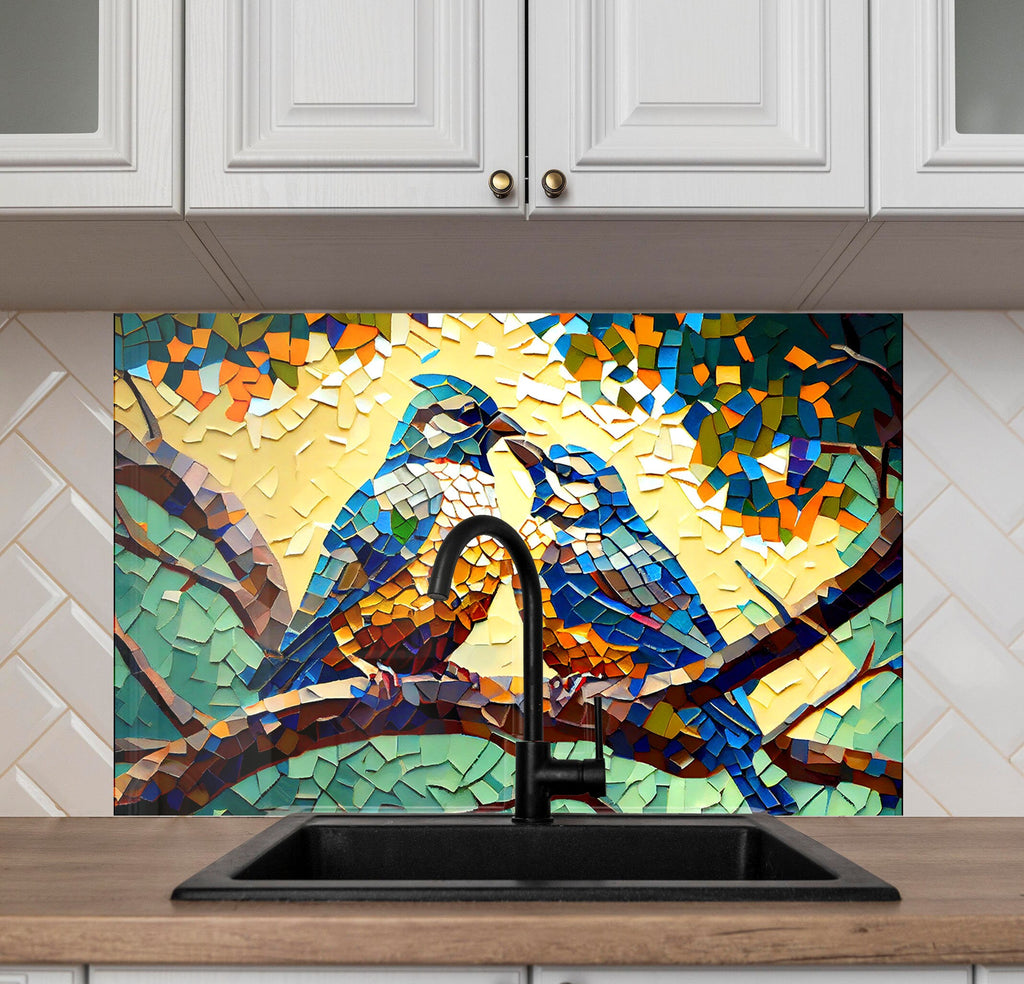 a painting of two birds on a mosaic tile backsplash