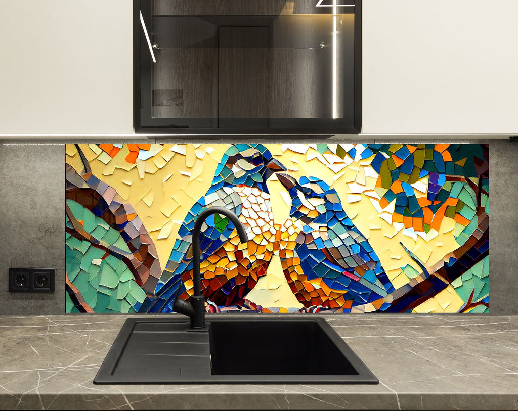 a kitchen counter with a painting of two birds on it