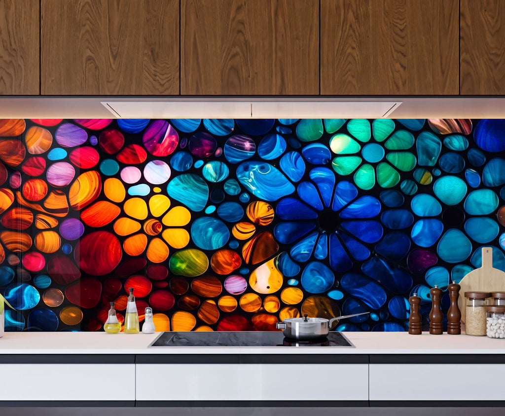 a kitchen with a large colorful painting on the wall